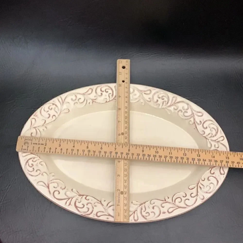 Large Oval 10X15 Inches Serving Platter Ivory Maroon Etching Christmas Valentine